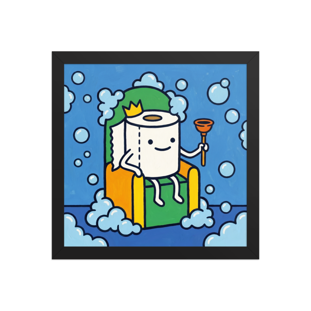 'King of the Bathroom' — a Pop art,Cloisonnism print. A funny pop art illustration of a toilet paper roll wearing a crown and holding a plunger, sitting on a throne surrounded by bubbles.