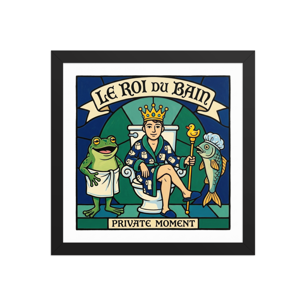 'Le Roi du Bain' — a Cloisonnism,Pop art print. A funny stained-glass style illustration of a man on a toilet wearing a crown and bathrobe, with a frog in a towel and a fish in a shower cap, titled Le Roi Du Bain.