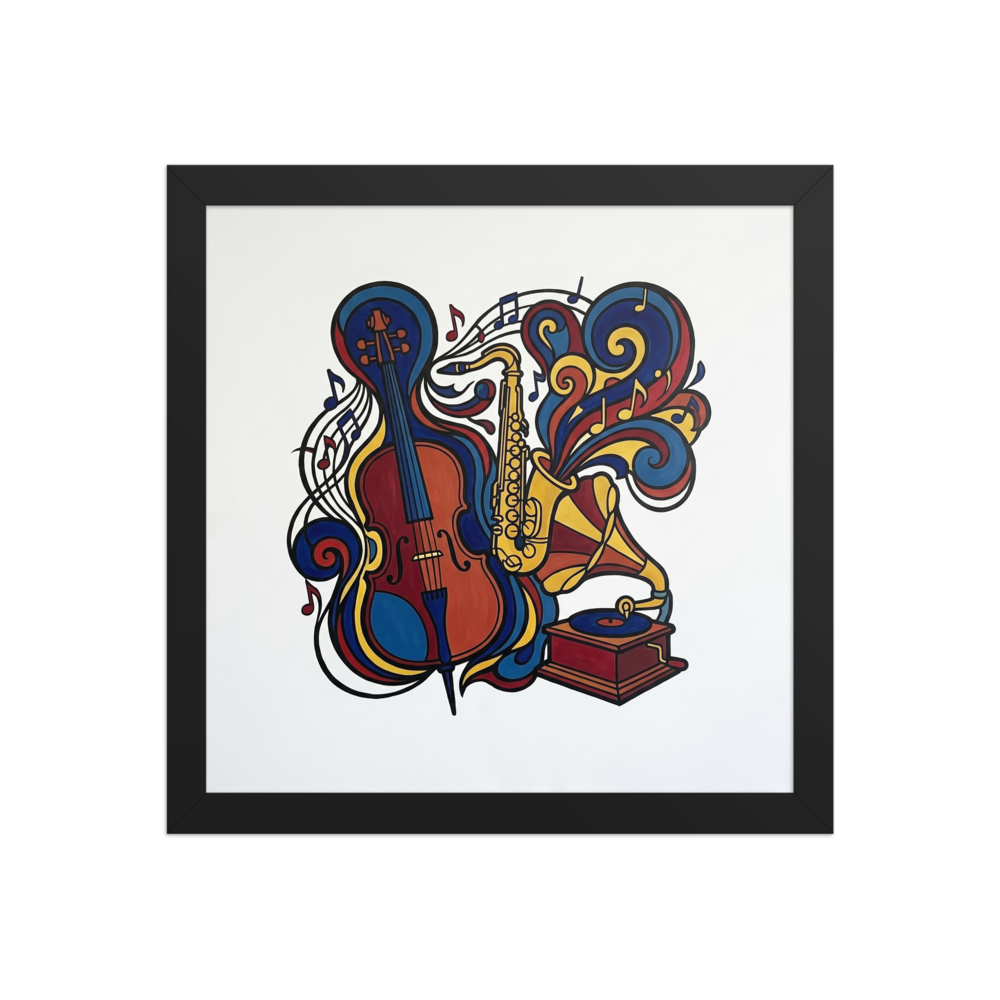 'Symphony of Colors' — a Cloisonnism,Pop art print. A colorful cloisonnism illustration of a cello, saxophone, and record player with swirling musical notes and colorful ribbons against a white background.