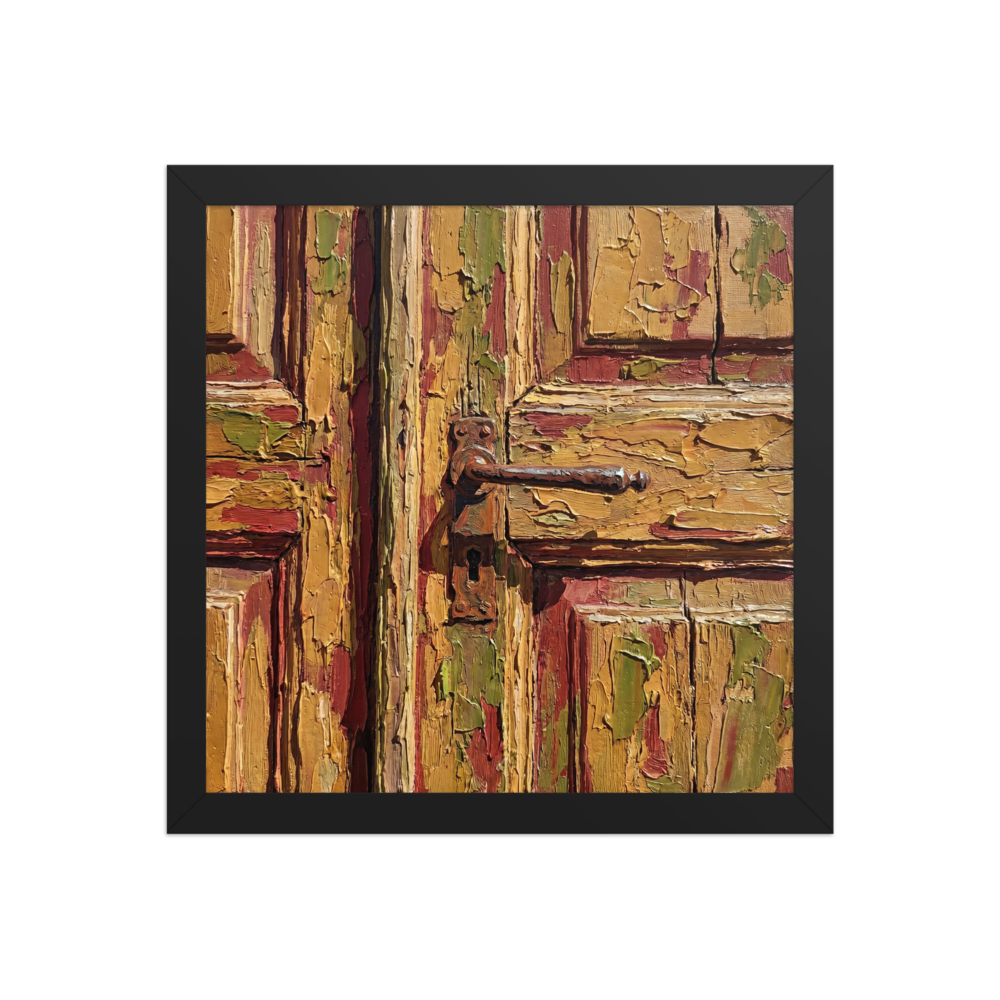 'Weathered Passage' — a Realism,Fine Art print. Highly textured impasto painting of a peeling wooden door with a rusty handle, ideal for an entryway.