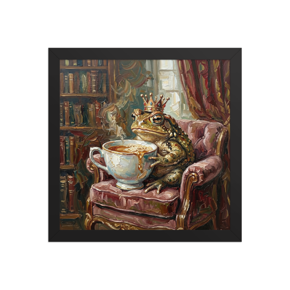 'Royal Brew' — a Lowbrow,Pop art print. Impasto painting of a crowned toad sitting in an armchair drinking coffee, perfect for a quirky library.