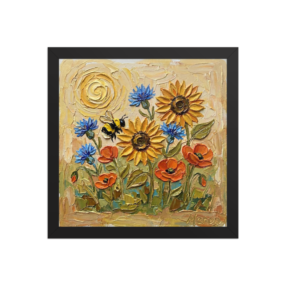 'The Pollinator's Dance' — a Expressionism print. A vibrant bumblebee hovering among sunflowers, blue cornflowers, and orange poppies in this charming kitchen artwork.
