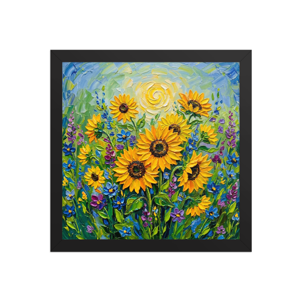 'Sunlit Blooms' — a Impressionism print. Vibrant impasto painting of sunflowers bathed in golden sunlight, perfect for a living room.