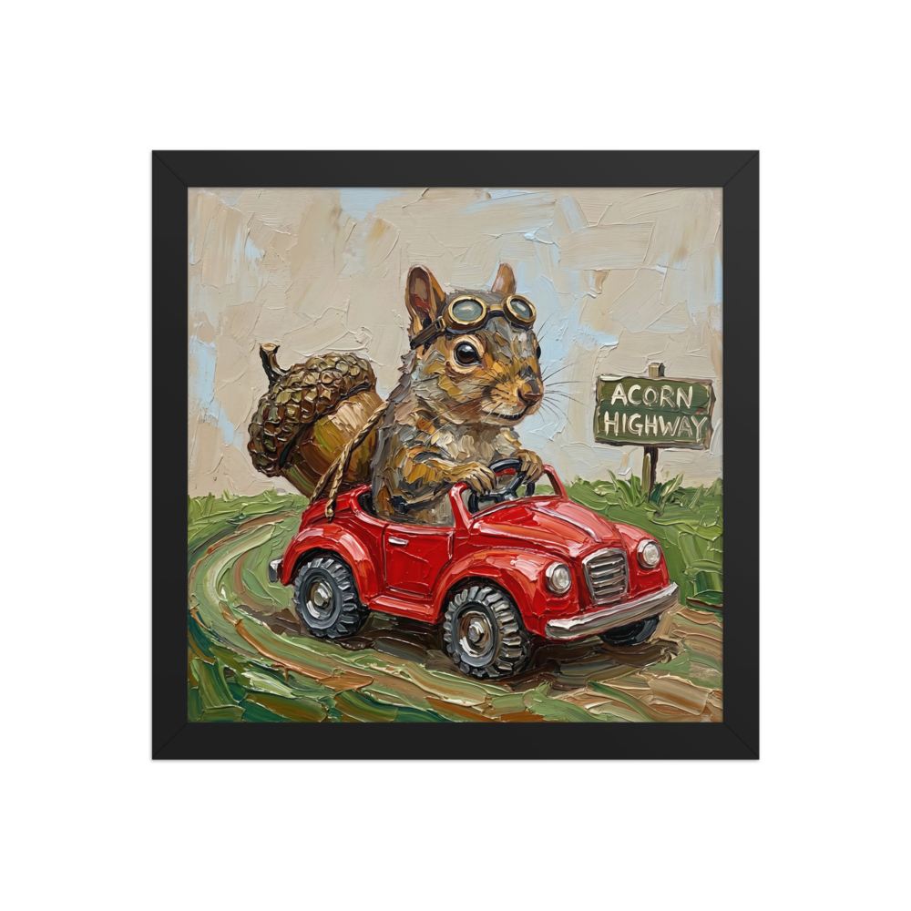 'Acorn Highway' — a Impressionism print. An impasto painting of a squirrel wearing goggles and driving a red toy car with a giant acorn, great for a playroom or nursery.