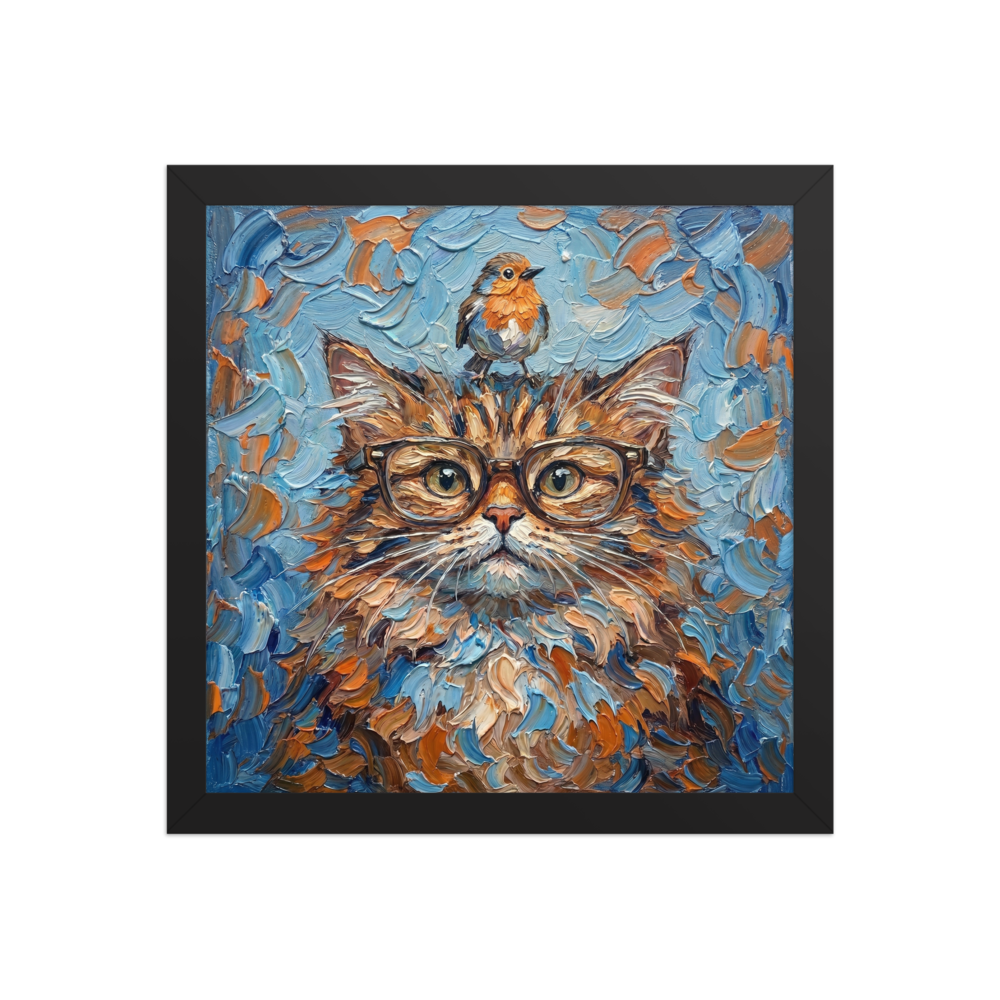 'The Scholar and the Songbird' — a Post-Impressionism print. A highly textured painting of a fluffy cat wearing glasses with a bird on its head, bringing a touch of whimsy to an office.