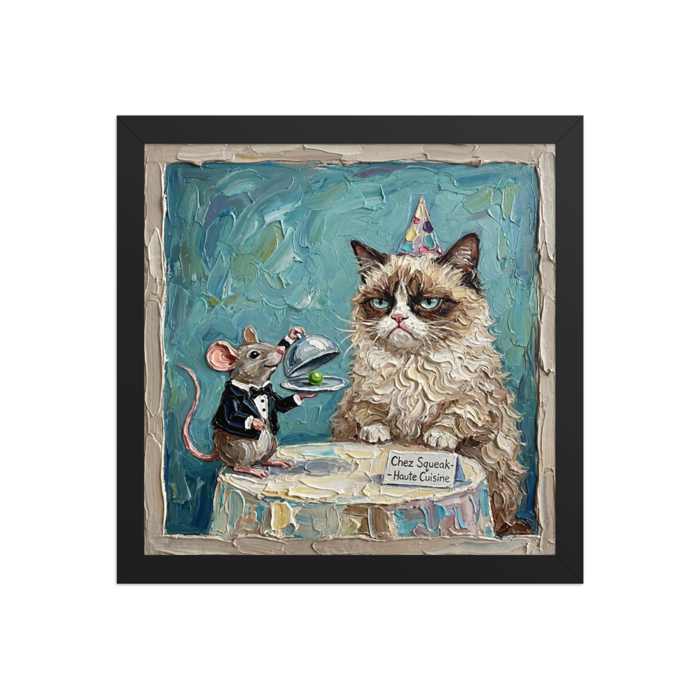 'Haute Cuisine at Chez Squeak' — a Pop art print. An oil painting of a grumpy cat in a party hat being served a single pea by a mouse waiter in a tuxedo, perfect for a dining room or living room.