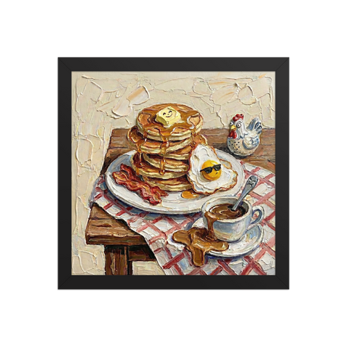 'A Hearty Morning' — a Expressionism print. An impasto painting of a breakfast table with pancakes, bacon, and coffee, ideal for a cheerful Kitchen.