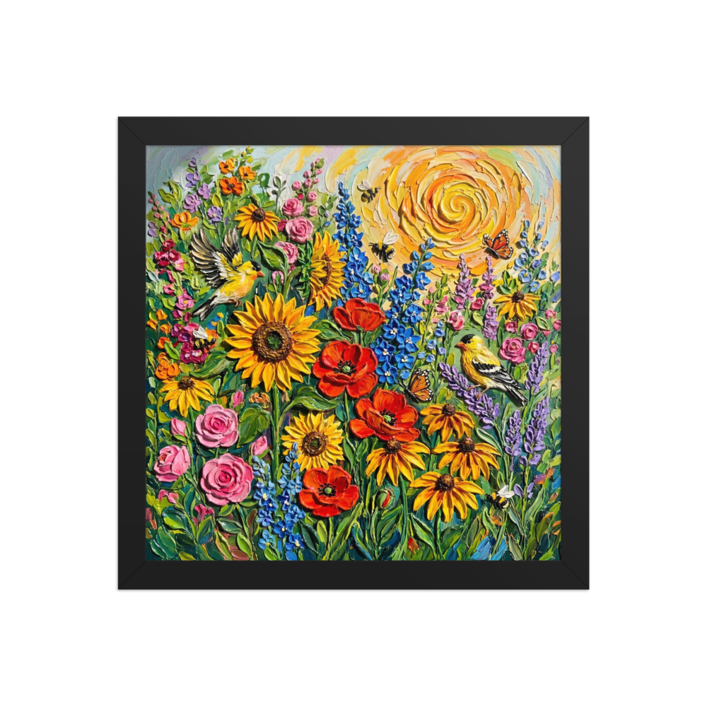 'Sunburst Symphony' — a Expressionism print. A colorful impasto painting of a blooming meadow with sunflowers, birds, and a swirling sun, perfect for a bright Living Room.
