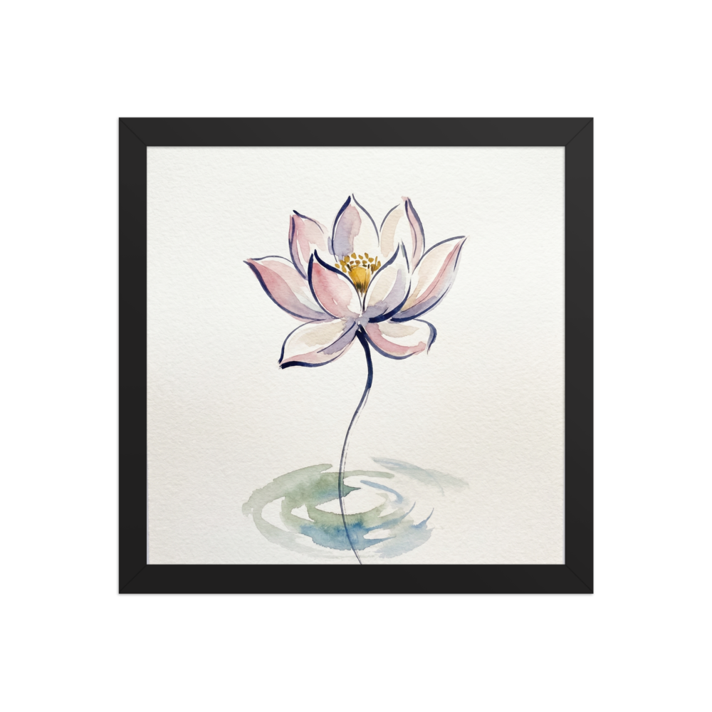 'Lotus Whisper' — a Minimalism,Modernism print. A minimalist watercolor painting of a pink lotus flower with a slender stem above soft water ripples, perfect for a serene bathroom or meditation room.