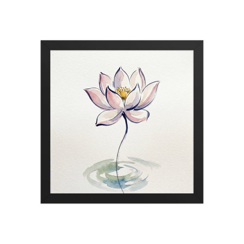 'Lotus Whisper' — a Minimalism,Modernism print. A minimalist watercolor painting of a pink lotus flower with a slender stem above soft water ripples, perfect for a serene bathroom or meditation room.
