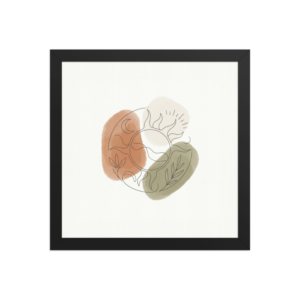 'Celestial Harmony' — a Minimalism print. Minimalist line drawing of a sun, moon, and leaves layered over soft earthy watercolor splotches, ideal for a serene bedroom.