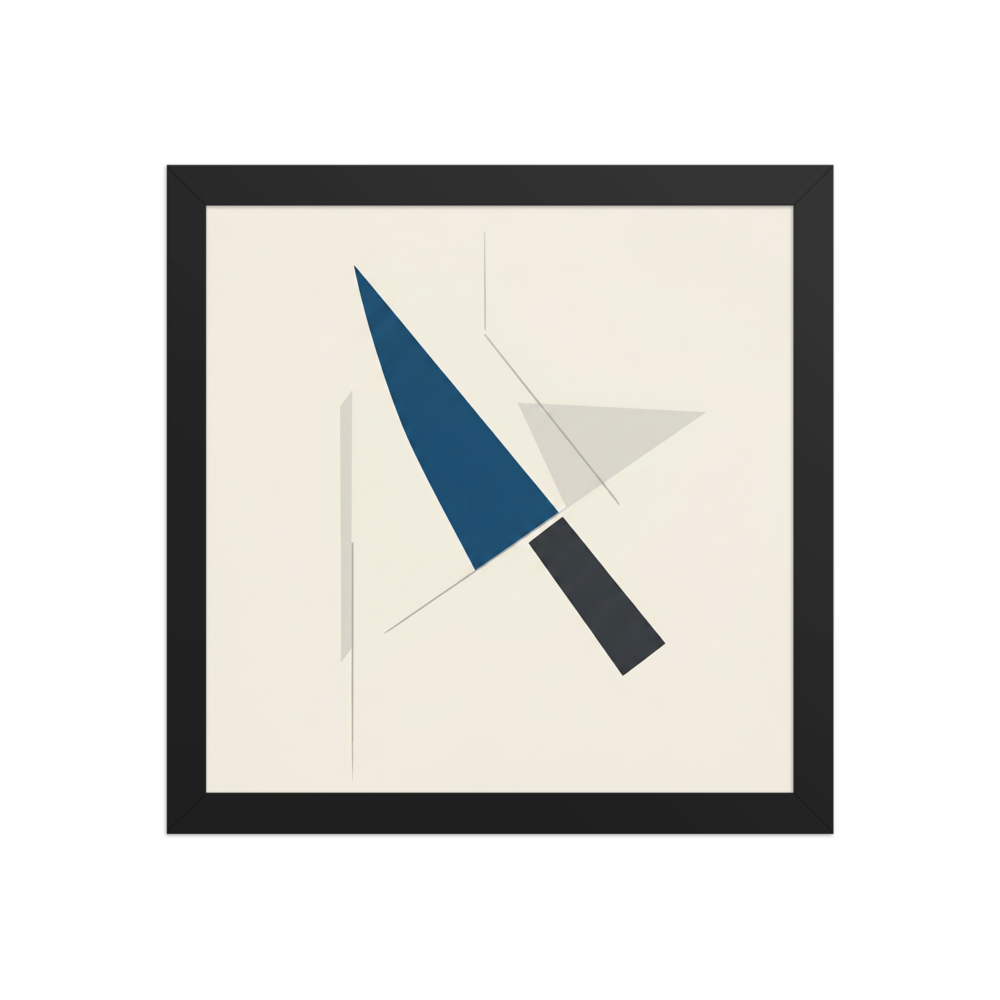 'Geometric Balance' — a Minimalism print. A minimalist geometric artwork with a blue triangle and black rectangle on a beige background, perfect for an Office.