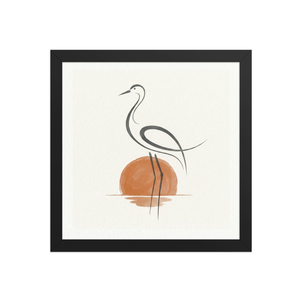 'Heron at Sunset' — a Minimalism,Modern European ink painting print. A minimalist line drawing of a heron standing in water against a watercolor orange sun, set on a textured white background. Ideal for a calming bathroom or bedroom.