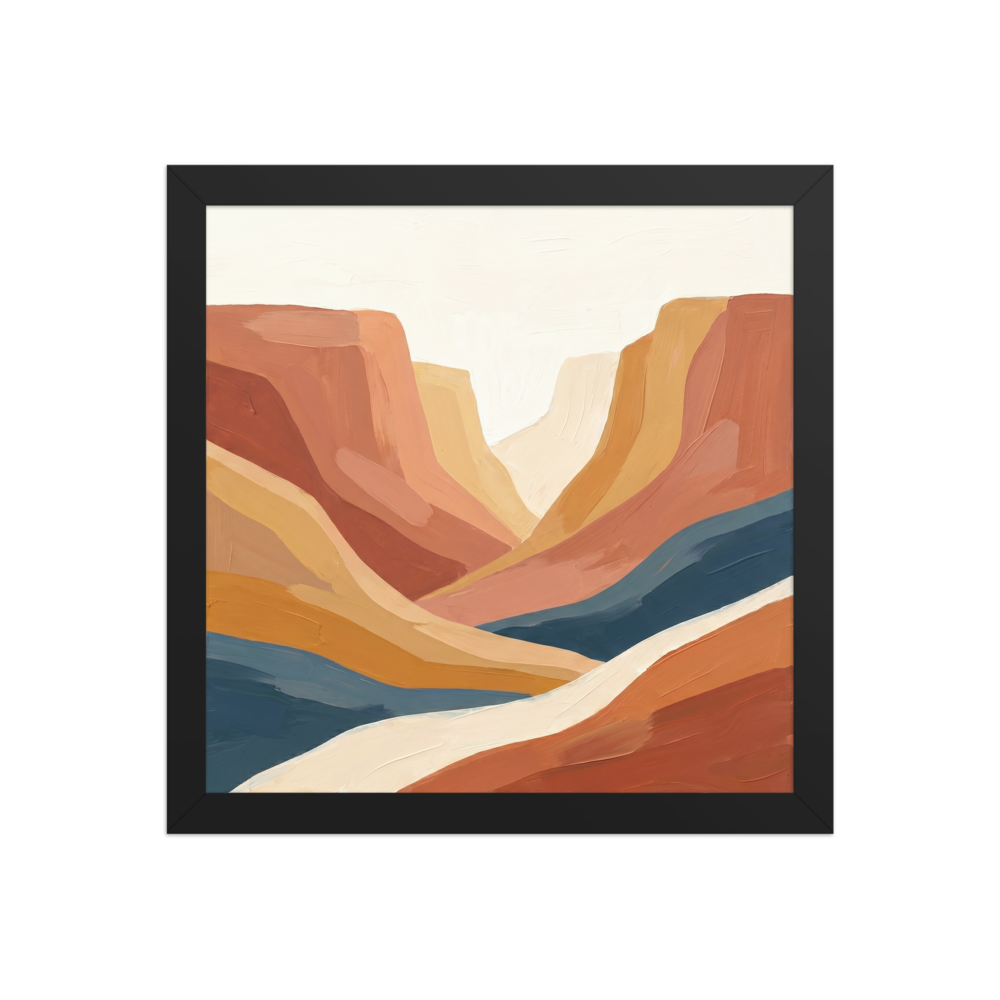 'Canyon River' — a Minimalism,American Scene Painting print. A minimalist landscape painting of a canyon featuring sweeping bands of terracotta, ochre, and a deep blue river against a white sky, suitable for a living room.