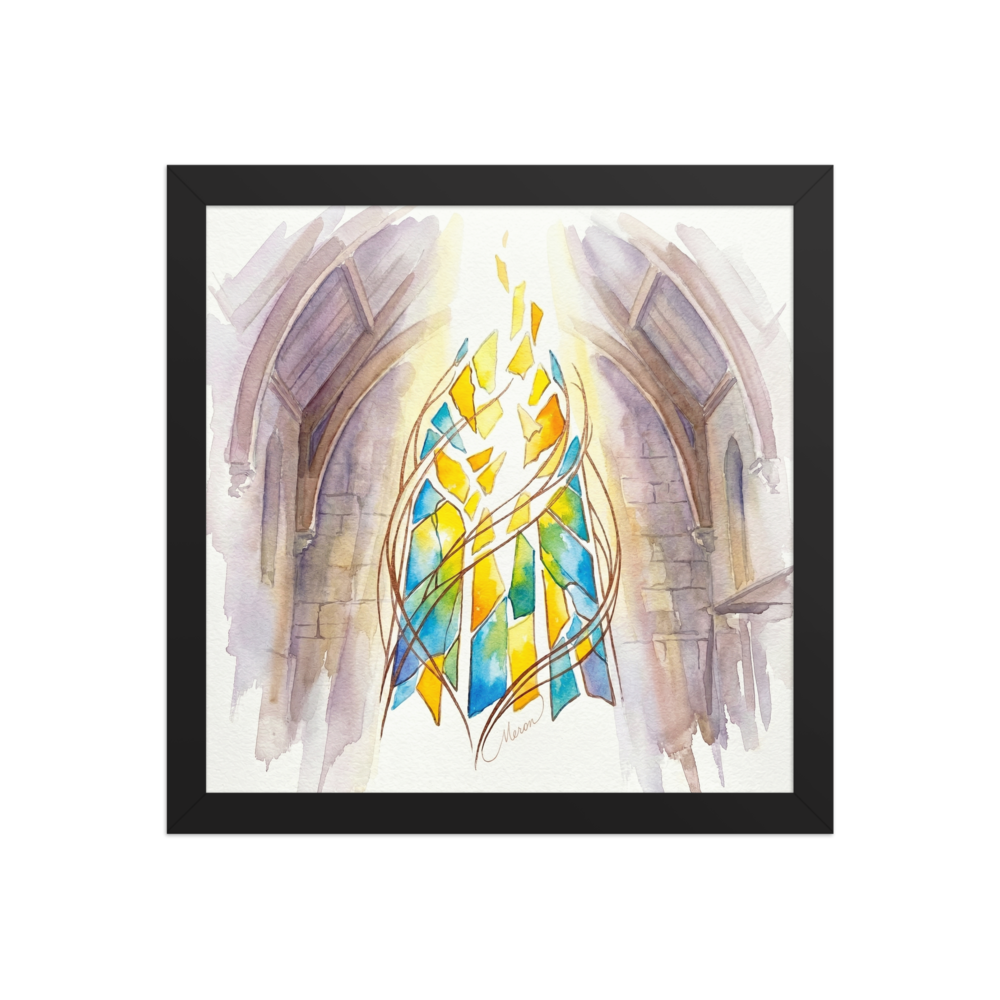 'Ascendant Light' — a Abstract art,Gothic art print. A luminous watercolor painting of shattered stained glass in yellow and blue swirling within a gothic stone archway, perfect for adding a peaceful touch to a living room.
