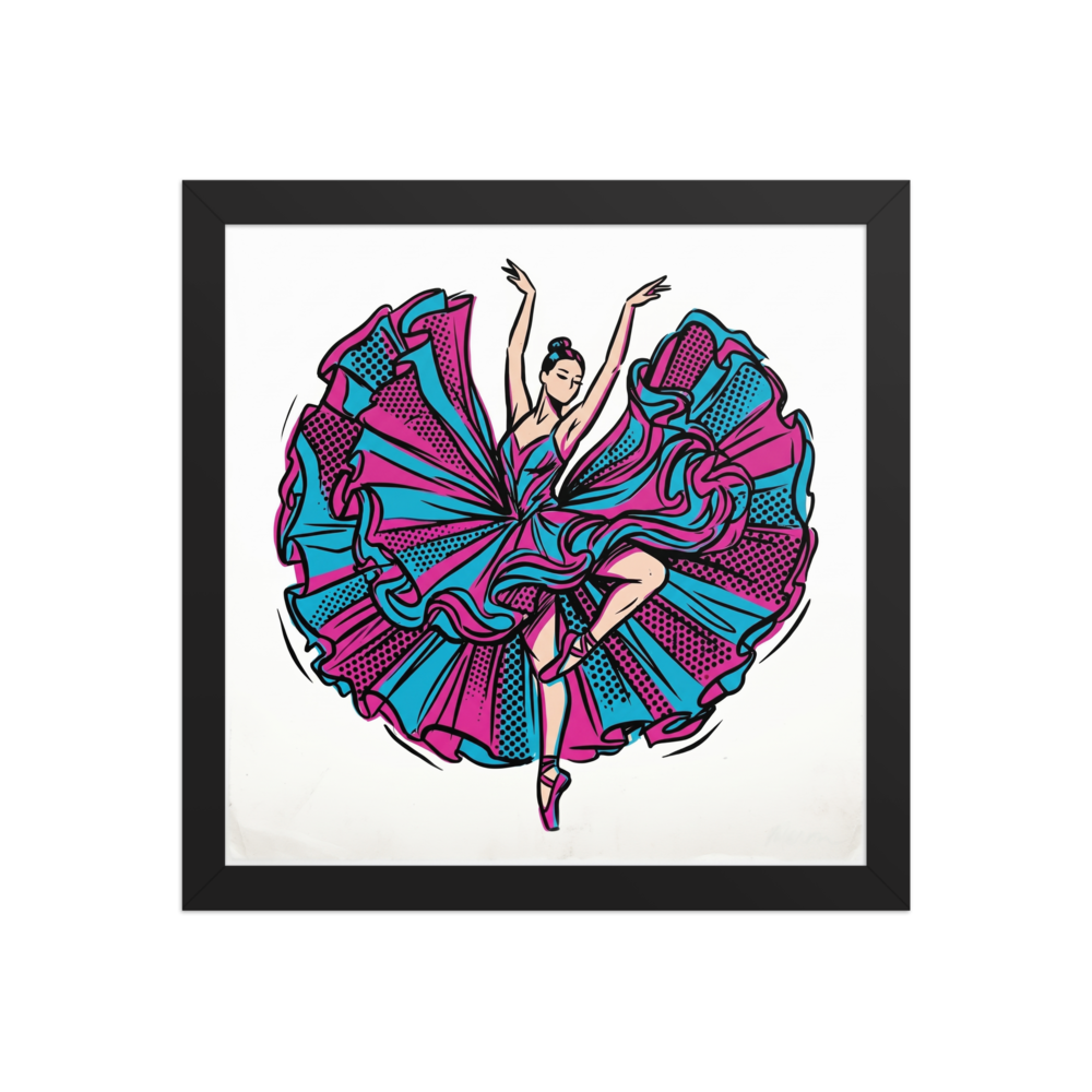 'Pop Art Pirouette' — a Pop art print. A ballerina in a voluminous pink and turquoise dress strikes a dynamic pose, rendered in a bold pop art style with halftone dots.