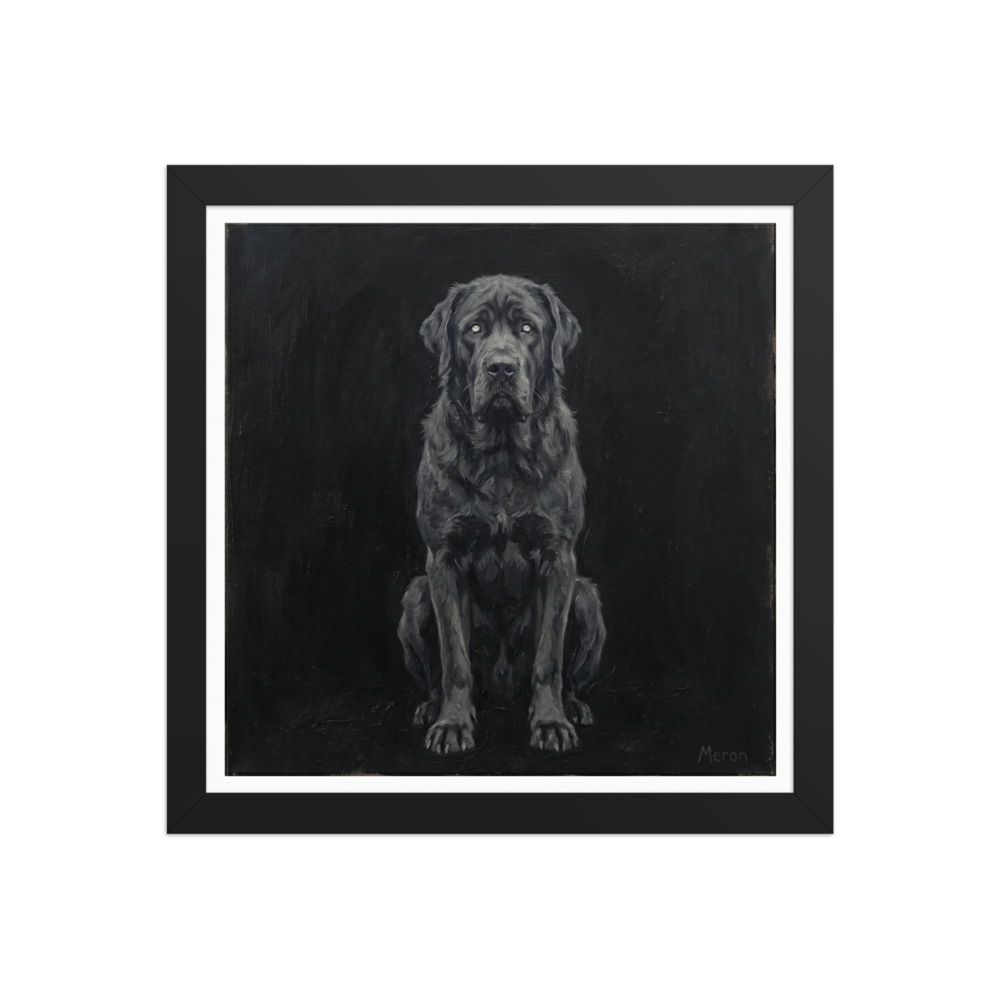 'The Obsidian Guardian' — a Figurative art,Surrealism print. A large dark dog painted in thick black and grey oil paint against a black background, perfect for a gothic living room.