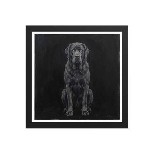 'The Obsidian Guardian' — a Figurative art,Surrealism print. A large dark dog painted in thick black and grey oil paint against a black background, perfect for a gothic living room.