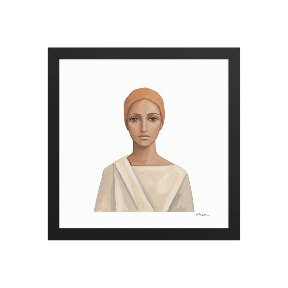'The Serene Ascetic' — a Figurative art,Minimalism print. A minimalist painting of a calm person in a tan head wrap and white robe against a white background, perfect for a meditation room.