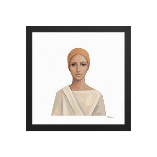 'The Serene Ascetic' — a Figurative art,Minimalism print. A minimalist painting of a calm person in a tan head wrap and white robe against a white background, perfect for a meditation room.