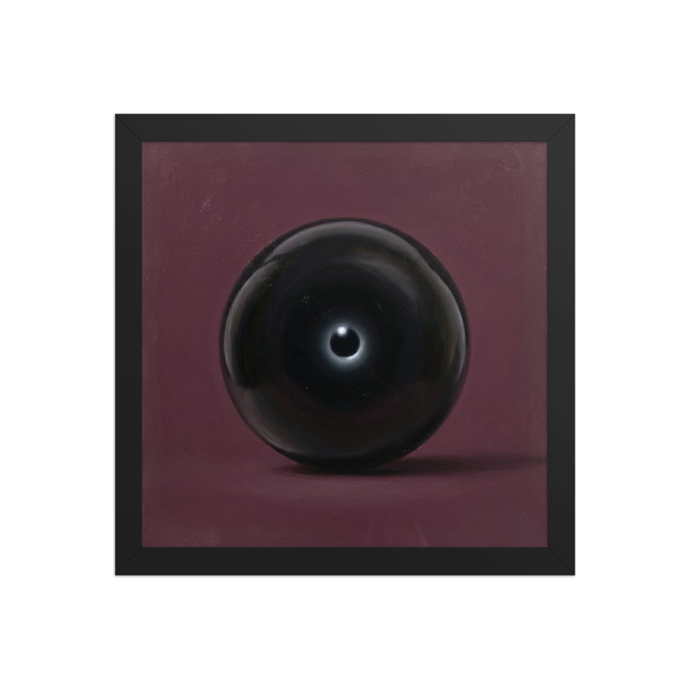 'Obsidian Eye' — a Surrealism print. A hyperrealistic painting of a glossy black sphere on a dark plum background, suitable for a moody Bedroom.