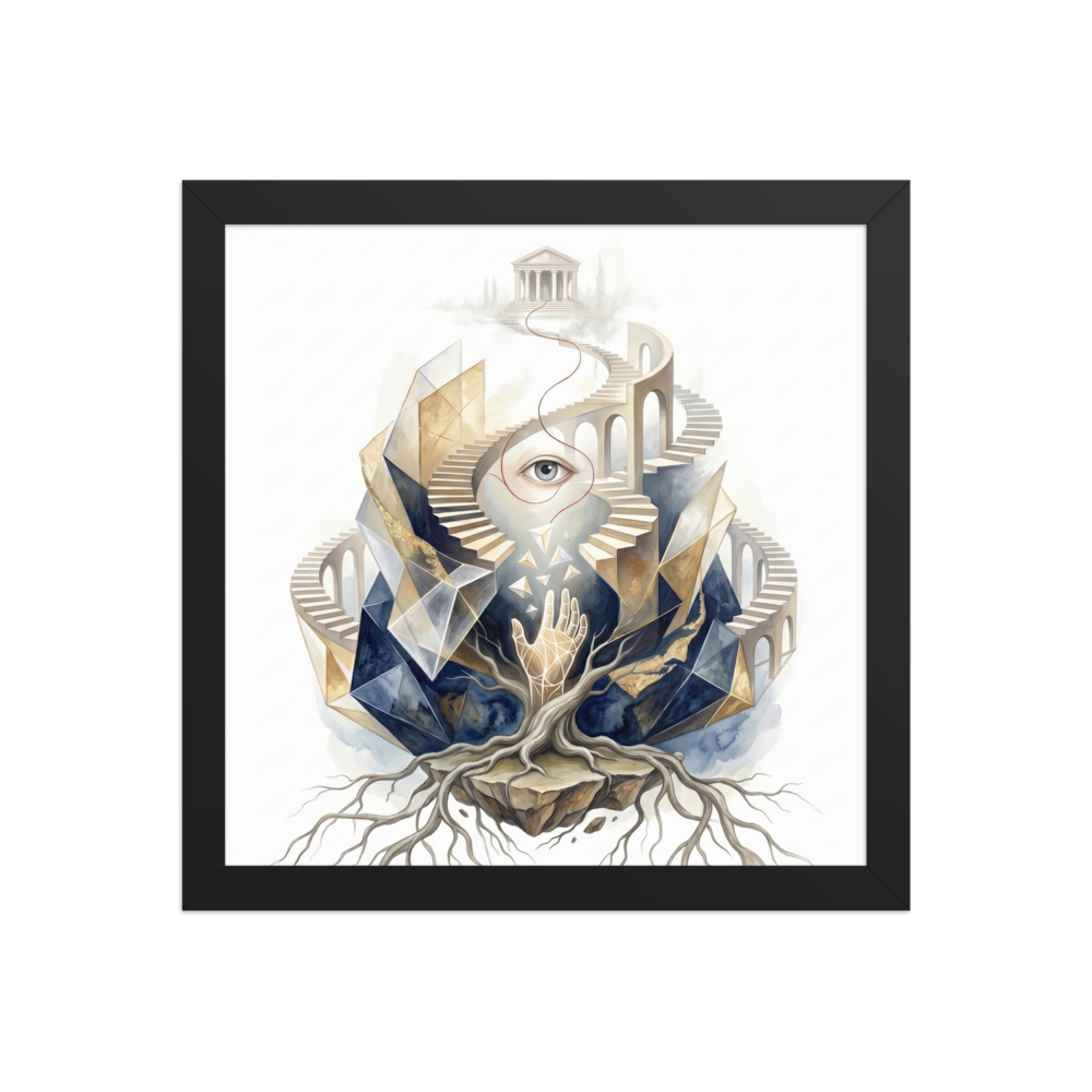 'Ascent to the Mind's Temple' — a Surrealism print. A surreal watercolor painting showing an eye, a glowing hand, and roots leading up a staircase to a classical temple, perfect for a Meditation Room.