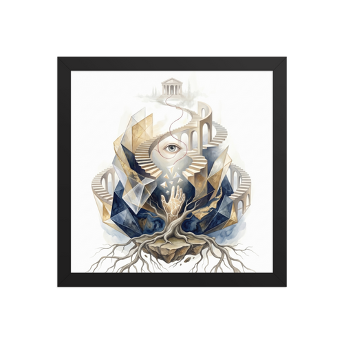'Ascent to the Mind's Temple' — a Surrealism print. A surreal watercolor painting showing an eye, a glowing hand, and roots leading up a staircase to a classical temple, perfect for a Meditation Room.