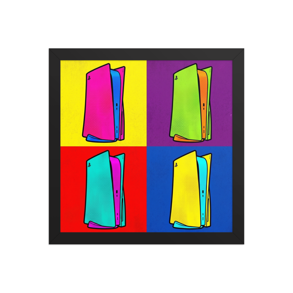 'Next Gen Chroma' — a Pop art print. A four-panel pop art illustration featuring a modern gaming console in bright, contrasting colors like pink, green, cyan, and yellow, perfect for a Game Room.