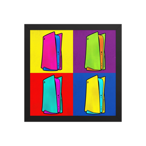 'Next Gen Chroma' — a Pop art print. A four-panel pop art illustration featuring a modern gaming console in bright, contrasting colors like pink, green, cyan, and yellow, perfect for a Game Room.