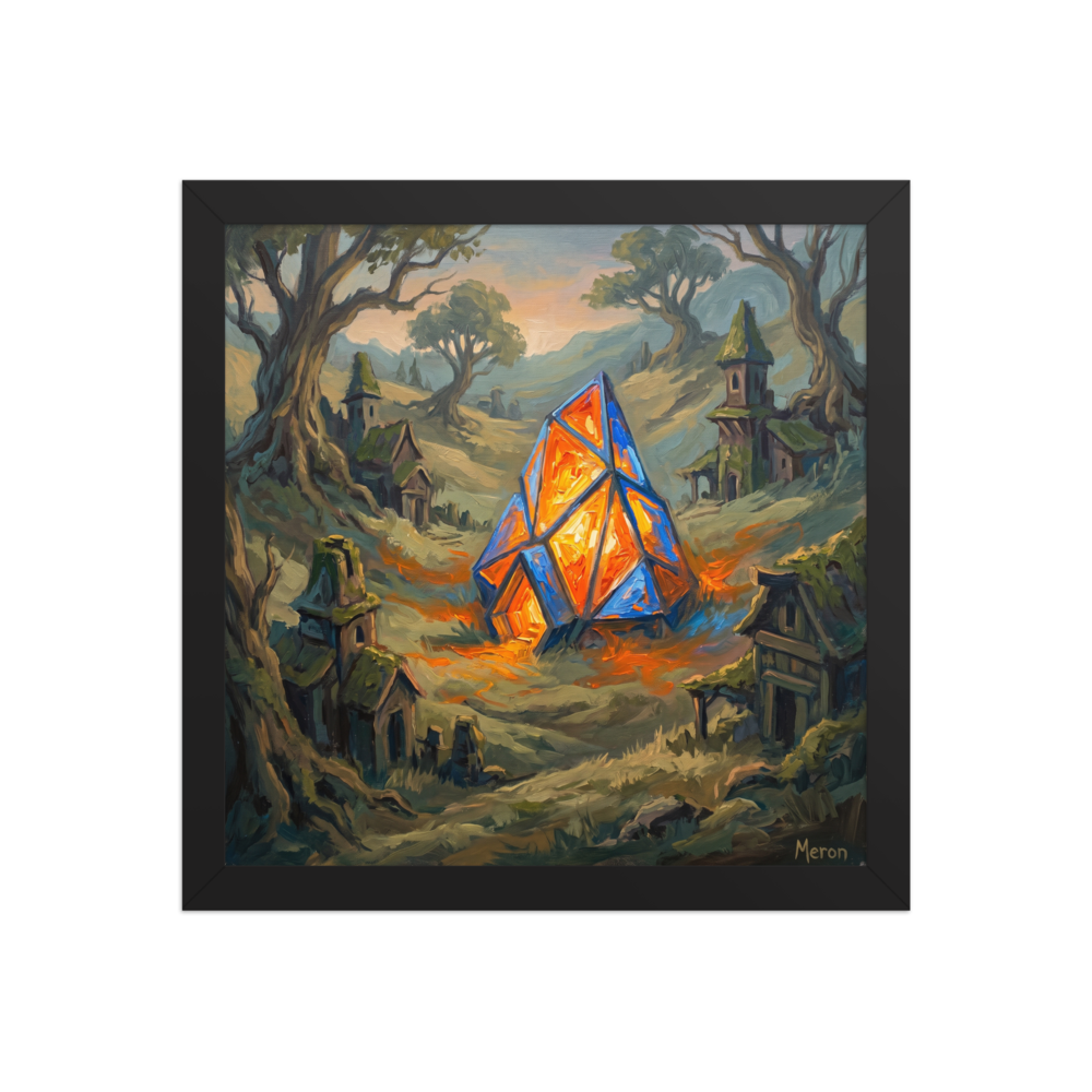 'The Glowing Heart' — a Expressionism print. A thick oil painting of a glowing orange and blue crystal structure in a forest clearing surrounded by rustic fantasy dwellings, perfect for a cozy living room.