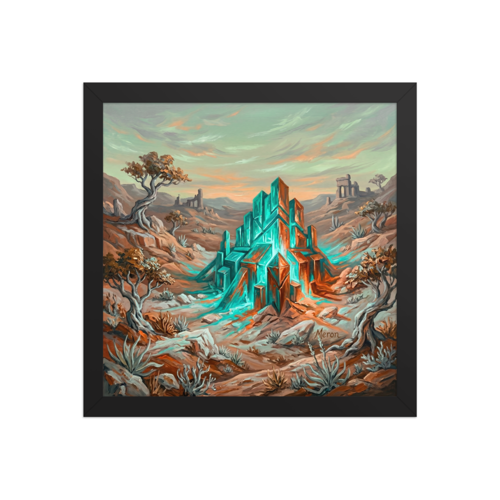 'Desert Monolith' — a Surrealism print. An oil painting of a glowing teal geometric structure in a rocky, desert landscape with twisted trees, perfect for an office or den.