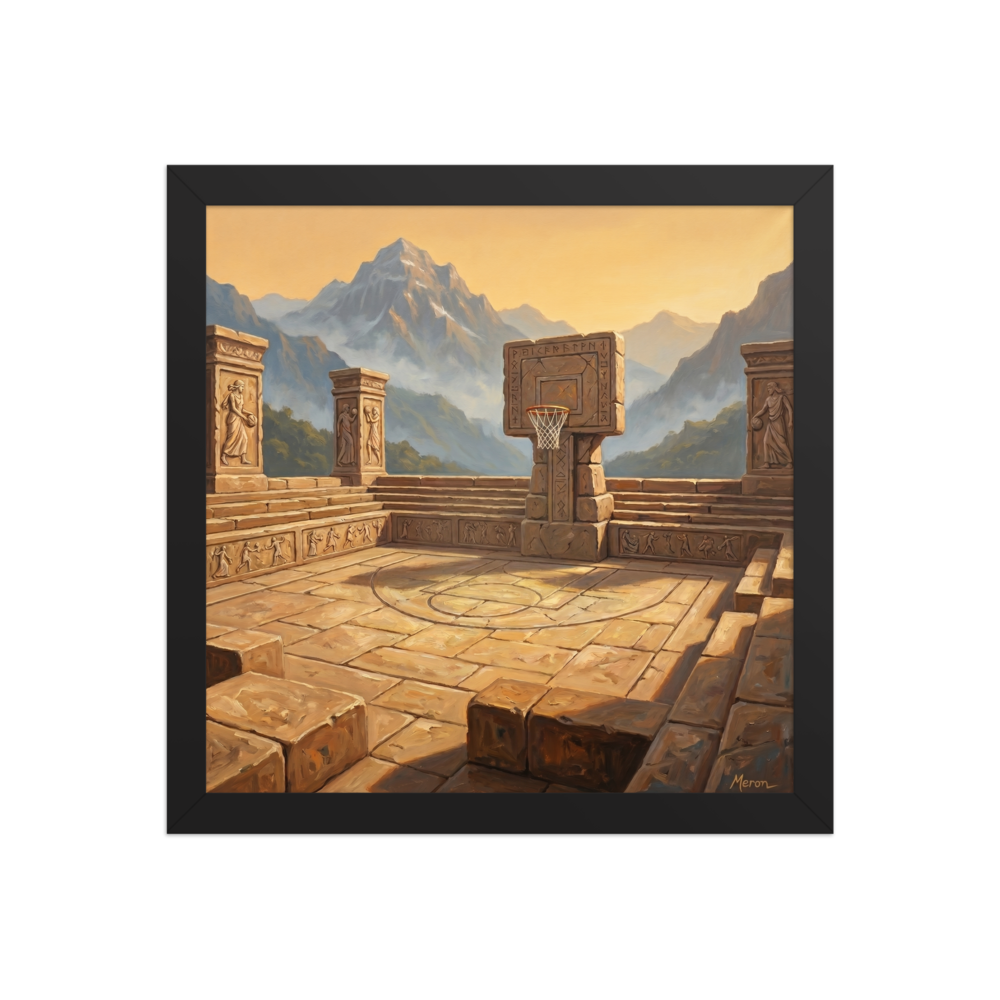 'The Ancient Court' — a Surrealism,Classical Realism print. An oil painting of a stone basketball court set within ancient mountain ruins at sunrise, perfect for a game room or man cave.