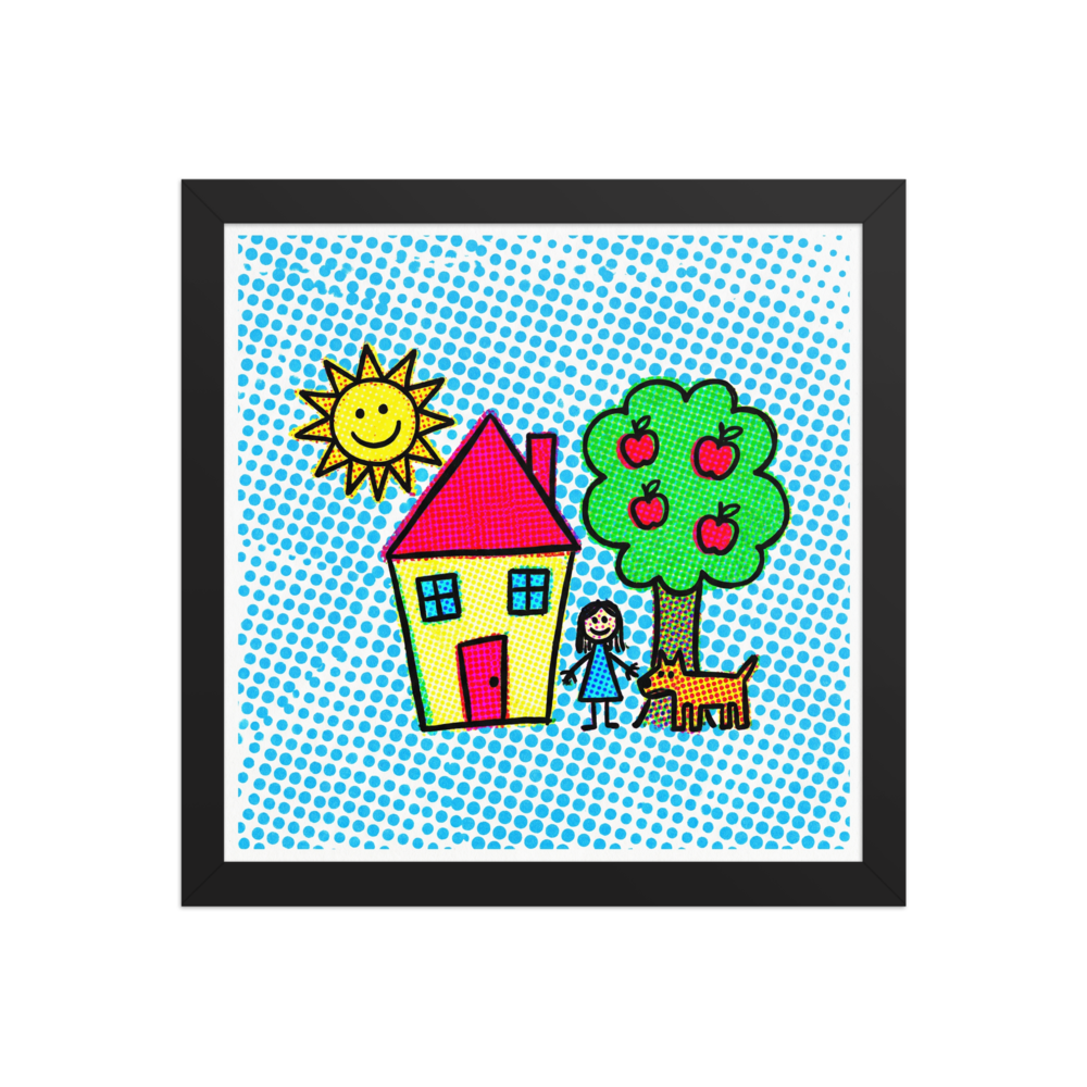 'Halftone Home' — a Pop art print. A pop art style illustration of a house, tree, girl, dog, and smiling sun composed of colorful halftone dots, perfect for a Playroom.
