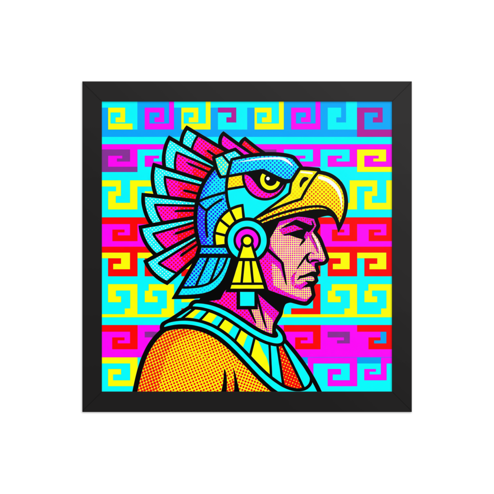 'Aztec Pop' — a Pop art print. A pop art style profile portrait of an Aztec eagle warrior in bright cyan, magenta, and yellow with halftone dots against a geometric background, perfect for a Living Room.