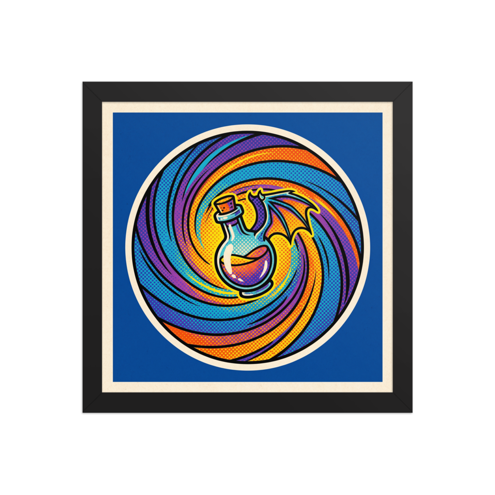 'Potion Pop' — a Pop art print. A pop art style illustration of a winged potion bottle against a swirling hypnotic background of purple, orange, and blue halftone dots, perfect for a Game Room.