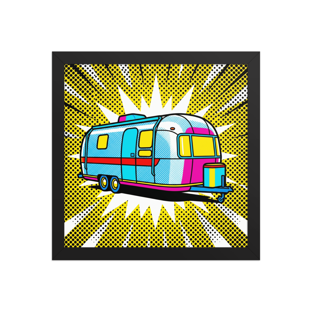 'Pop Art Camper' — a Pop art print. A brightly colored pop art illustration of a retro camper trailer in cyan, magenta, and yellow against a starburst background with halftone dots, perfect for a Camper / RV.