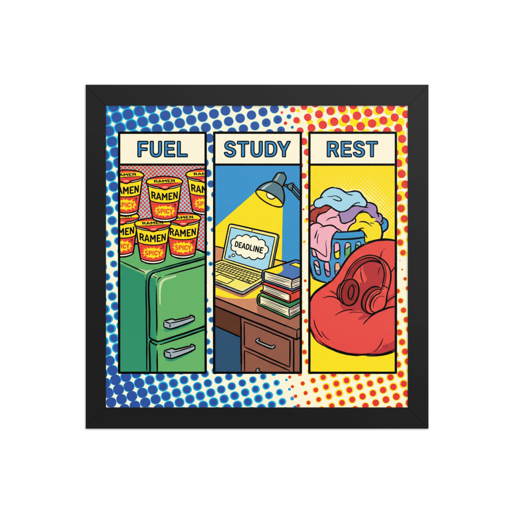'The College Triad' — a Pop art print. A three-panel pop art comic strip titled FUEL, STUDY, REST showing ramen cups, a laptop with a deadline, and a beanbag chair with laundry, perfect for an Apartment / Airbnb.