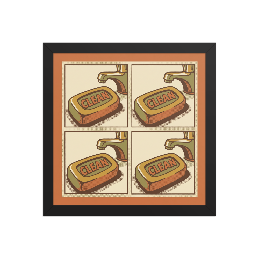 'Clean Repetition' — a Pop art print. A pop art style 2x2 grid showing a bar of soap labeled CLEAN under a faucet in muted brown, orange, and green tones, perfect for a Bathroom.