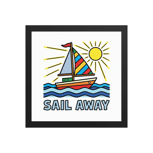 'Pop Art Sail Away' — a Pop art print. A pop art style illustration of a brightly colored sailboat on blue waves under a yellow sun with the text SAIL AWAY, perfect for a Bathroom or Sunroom.
