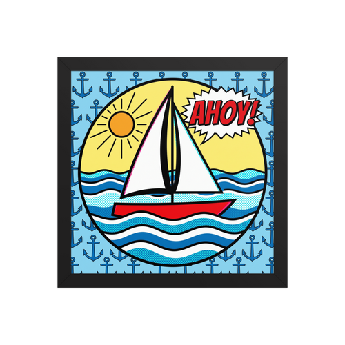 'Pop Art Ahoy' — a Pop art print. A pop art style illustration of a sailboat on waves with a speech bubble saying AHOY! set against a background of repeating blue anchors, perfect for a Bathroom or Sunroom.