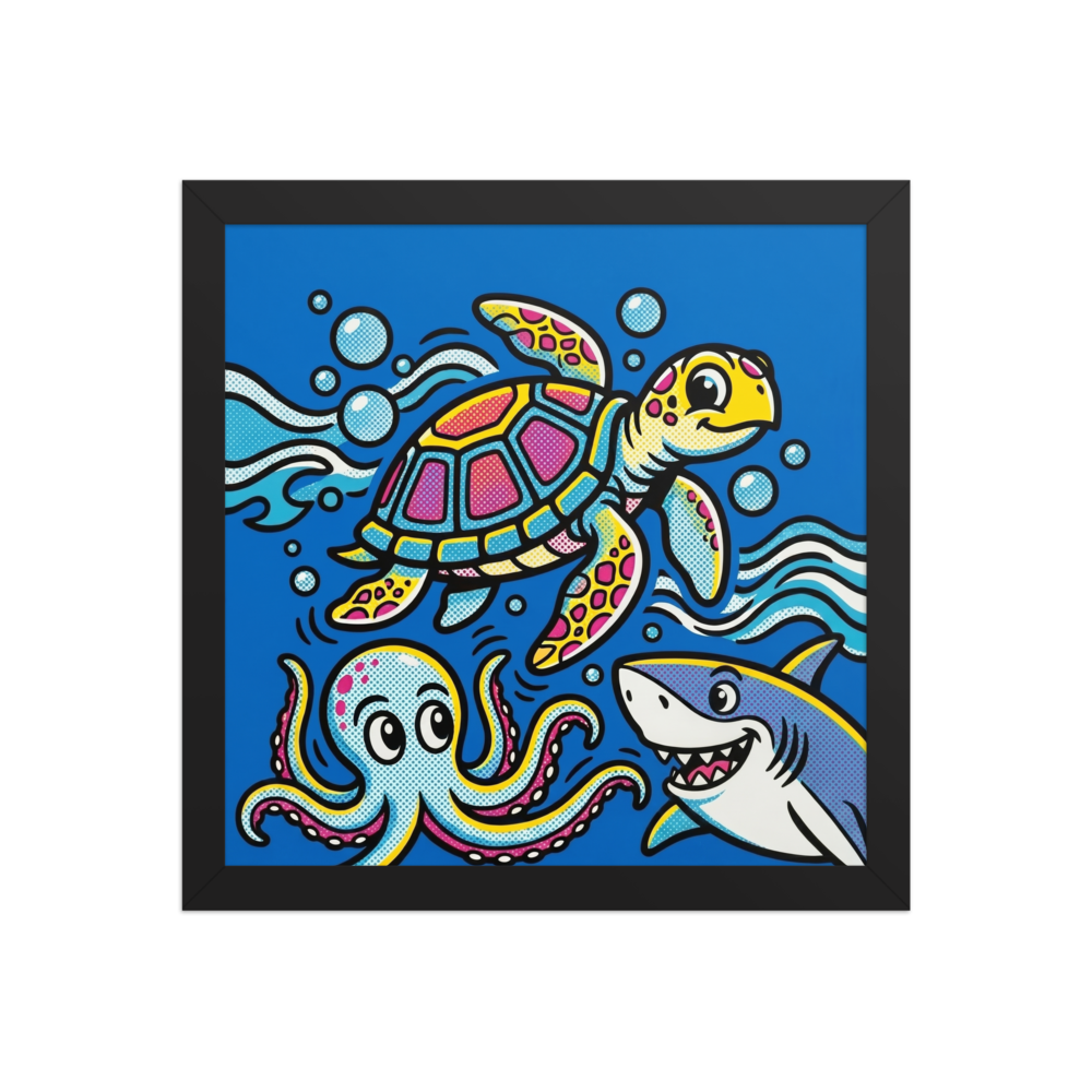 'Ocean Pop Symphony' — a Pop art print. A vibrant pop art illustration of a sea turtle, octopus, and shark swimming together, perfect as a bold statement piece for a Playroom.