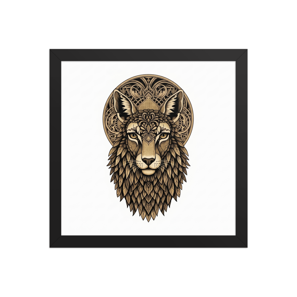 'Golden Guardian' — a Art Deco print. An ornate golden illustration of a symmetrical animal face with decorative halo patterns, perfect for an Office setting.