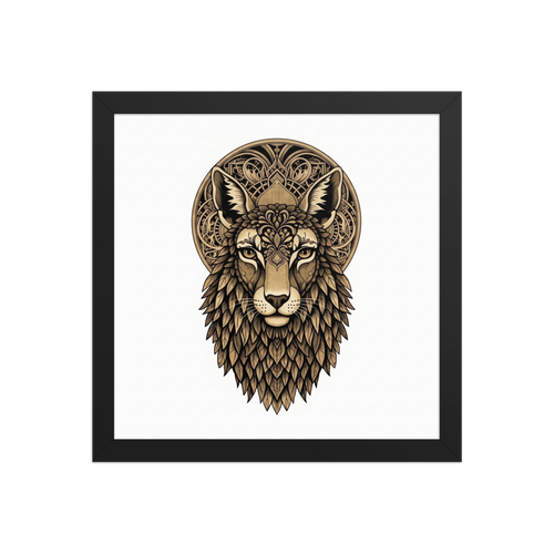 'Golden Guardian' — a Art Deco print. An ornate golden illustration of a symmetrical animal face with decorative halo patterns, perfect for an Office setting.