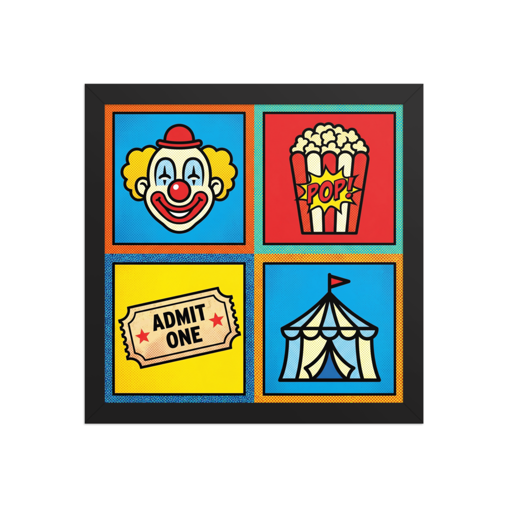 'Circus Quadrant' — a Pop art print. A four-panel pop art grid featuring a clown, popcorn, a ticket, and a circus tent in bright primary colors, ideal for a Home Theater.