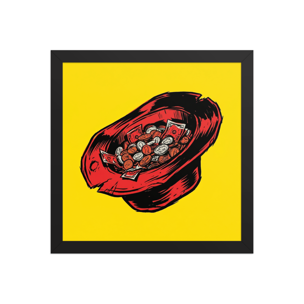 'The Busker's Fortune' — a Pop art print. A pop art illustration of an upside-down red top hat filled with money against a solid yellow background, perfect for a Man Cave.