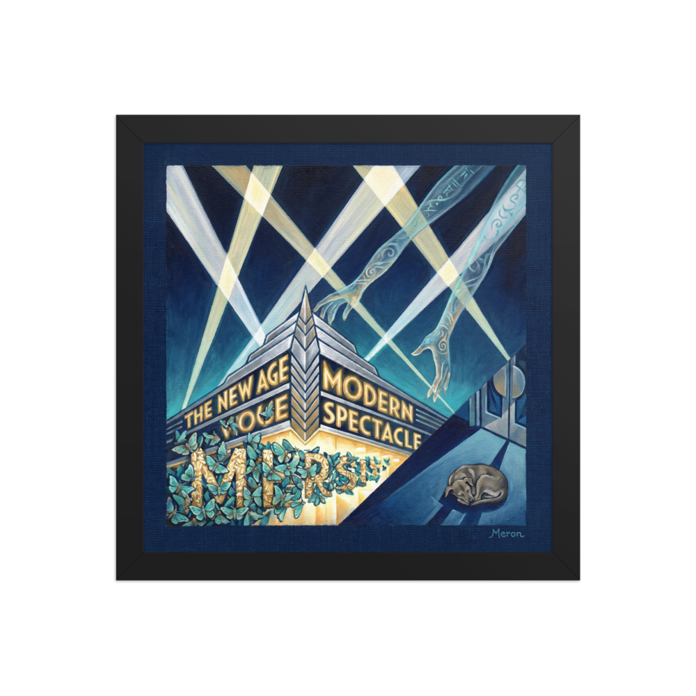 'The New Age Spectacle' — a Art Deco print. A surreal Art Deco painting featuring ethereal hands reaching through spotlights toward a bright theatre marquee covered in blue moths, with a sleeping dog nearby, perfect for a bold Living Room.