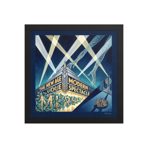 'The New Age Spectacle' — a Art Deco print. A surreal Art Deco painting featuring ethereal hands reaching through spotlights toward a bright theatre marquee covered in blue moths, with a sleeping dog nearby, perfect for a bold Living Room.