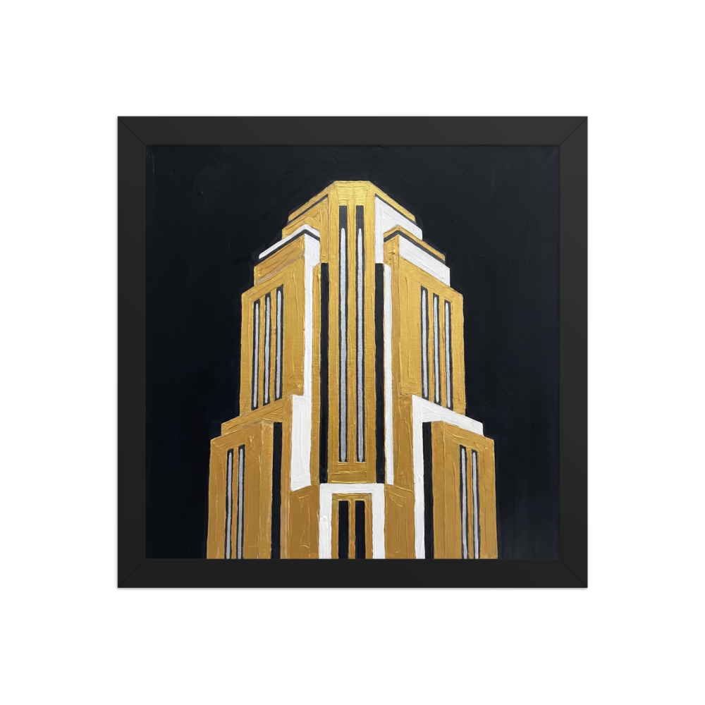 'Tower of the Jazz Age' — a Art Deco print. A textured painting of a soaring Art Deco skyscraper in bold gold, white, and silver against a pitch black background, ideal for an Office or Boardroom.