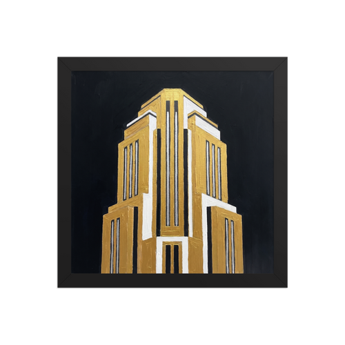 'Tower of the Jazz Age' — a Art Deco print. A textured painting of a soaring Art Deco skyscraper in bold gold, white, and silver against a pitch black background, ideal for an Office or Boardroom.