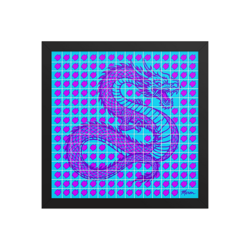 'Neon Dragon Grid' — a Pop art print. A vibrant cyan and purple Pop Art dragon overlaid on a grid, bringing a retro-futuristic feel to a Game Room.